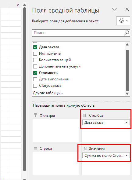 Показатели для сводной таблицы