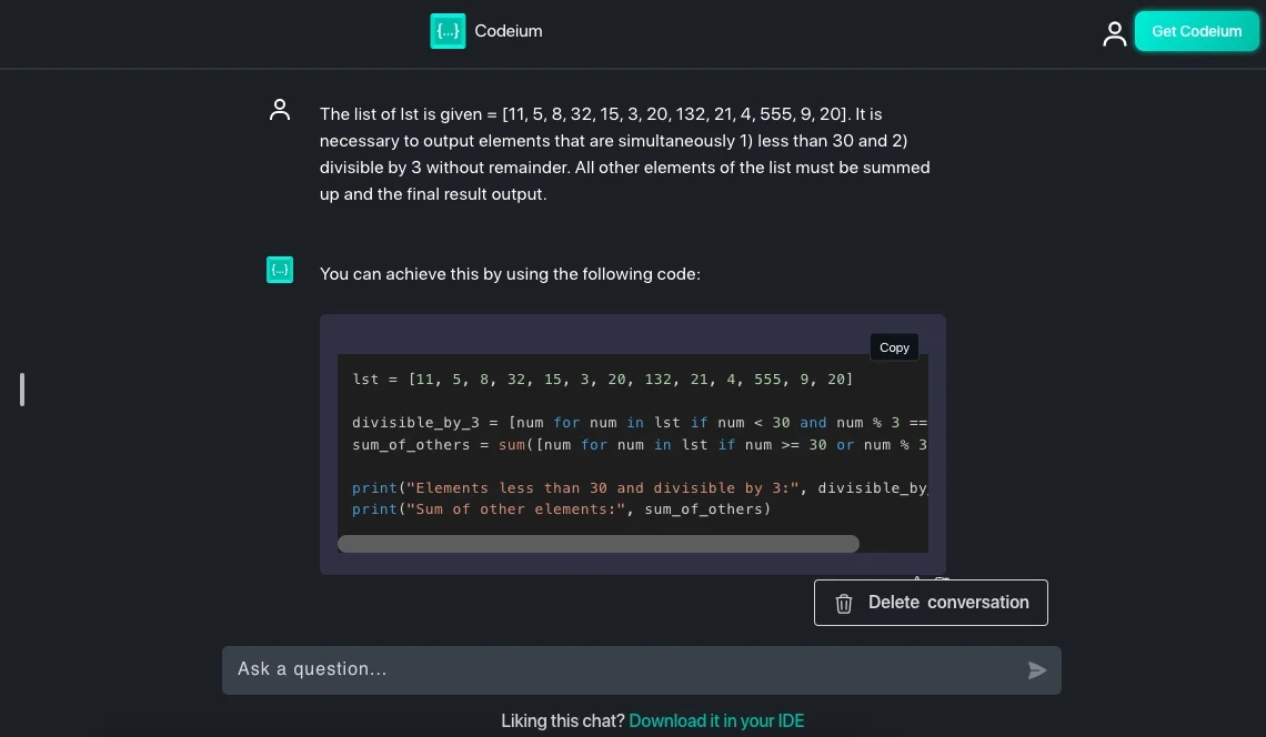 Генерация кода с Codeium