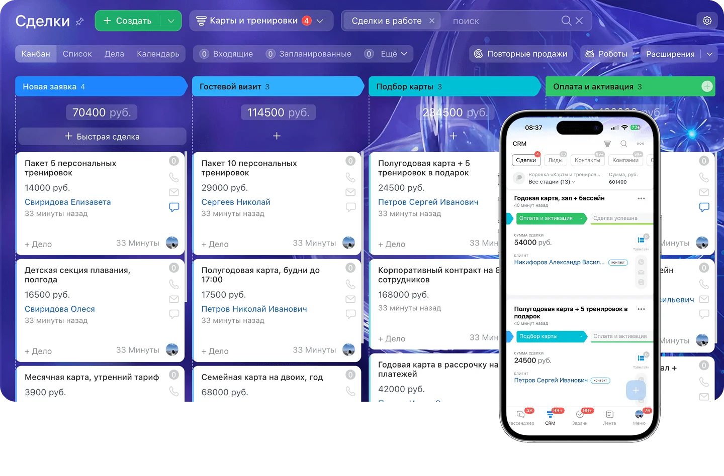 Канбан CRM с&nbsp;этапами продажи абонемента в&nbsp;фитнес‑клубе