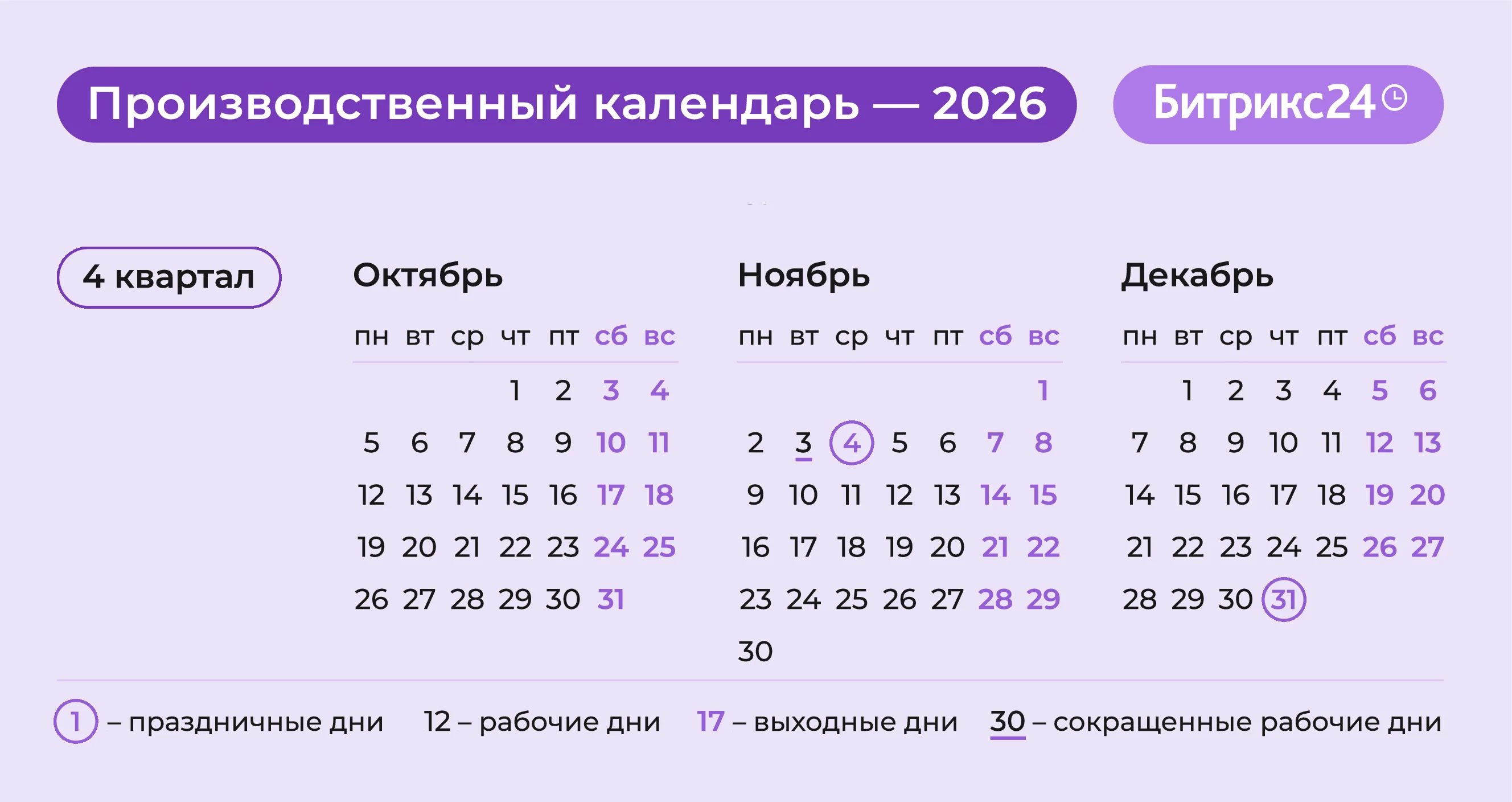 Производственный календарь на ноябрь 2026 года с выходными и праздничными днями
